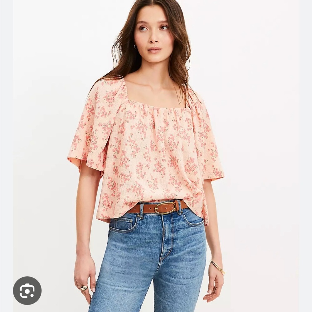 LOFT Peach Floral Square-Neck Flutter Sleeve Blouse, NWT